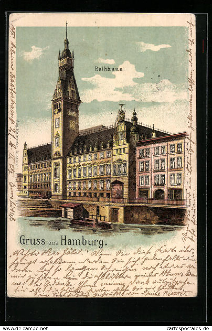 Lithographie Hamburg, Rathaus, Vom Wasser Gesehen  - Mitte