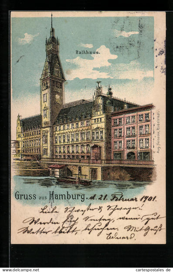 Lithographie Hamburg, Das Rathaus, Vom Wasser Gesehen  - Mitte