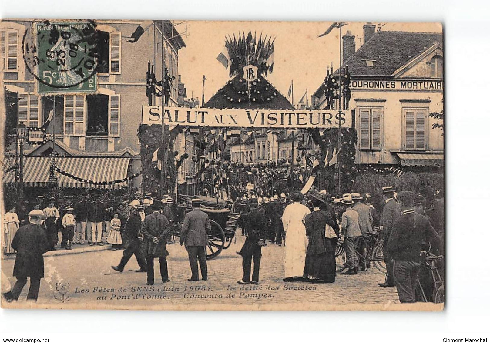 La Fête De SENS - Juin 1908 - Le Défilé Des Sociétés Au Pont D'Yonne - Concours De Pompes - Très Bon état - Sens