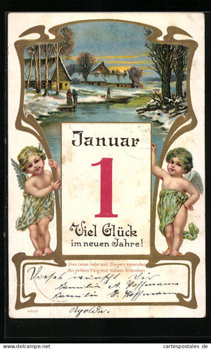 Lithographie Viel Glück Im Neuen Jahre!, Neujahrsengel Mit Kalender Und Winteridyll  - Anges