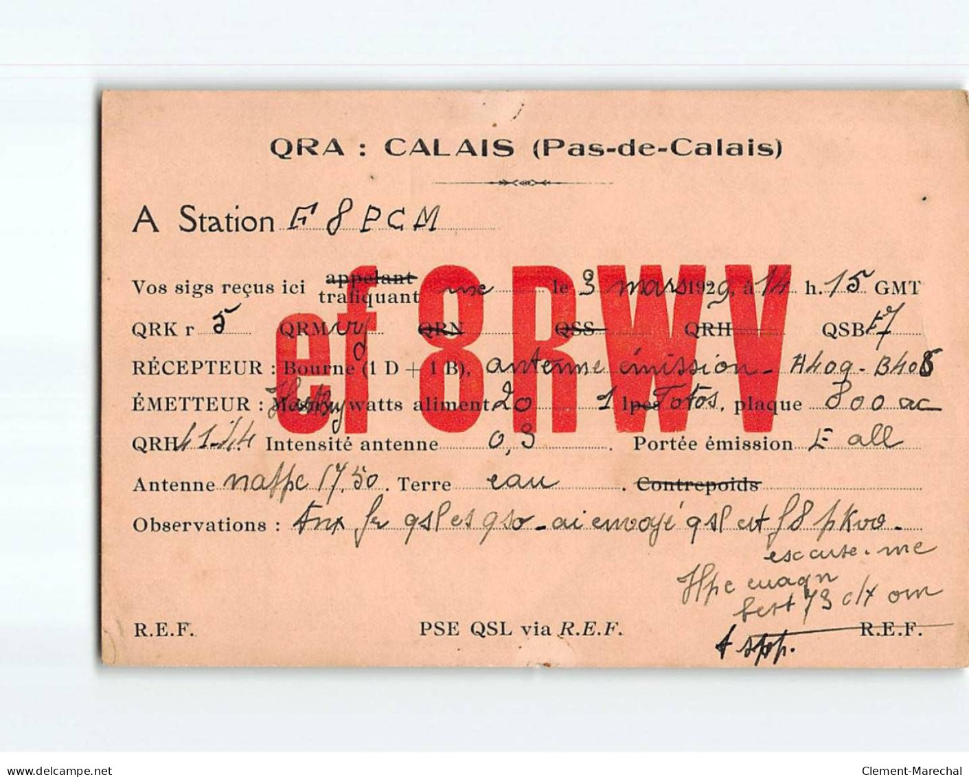 CALAIS : QRA, Message Pour Station F8PCM - état - Calais