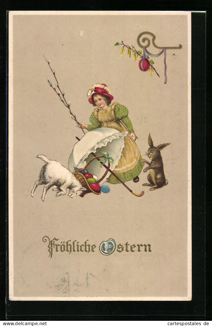 AK Mädchen, Freche Ziege Und Osterhase  - Ostern