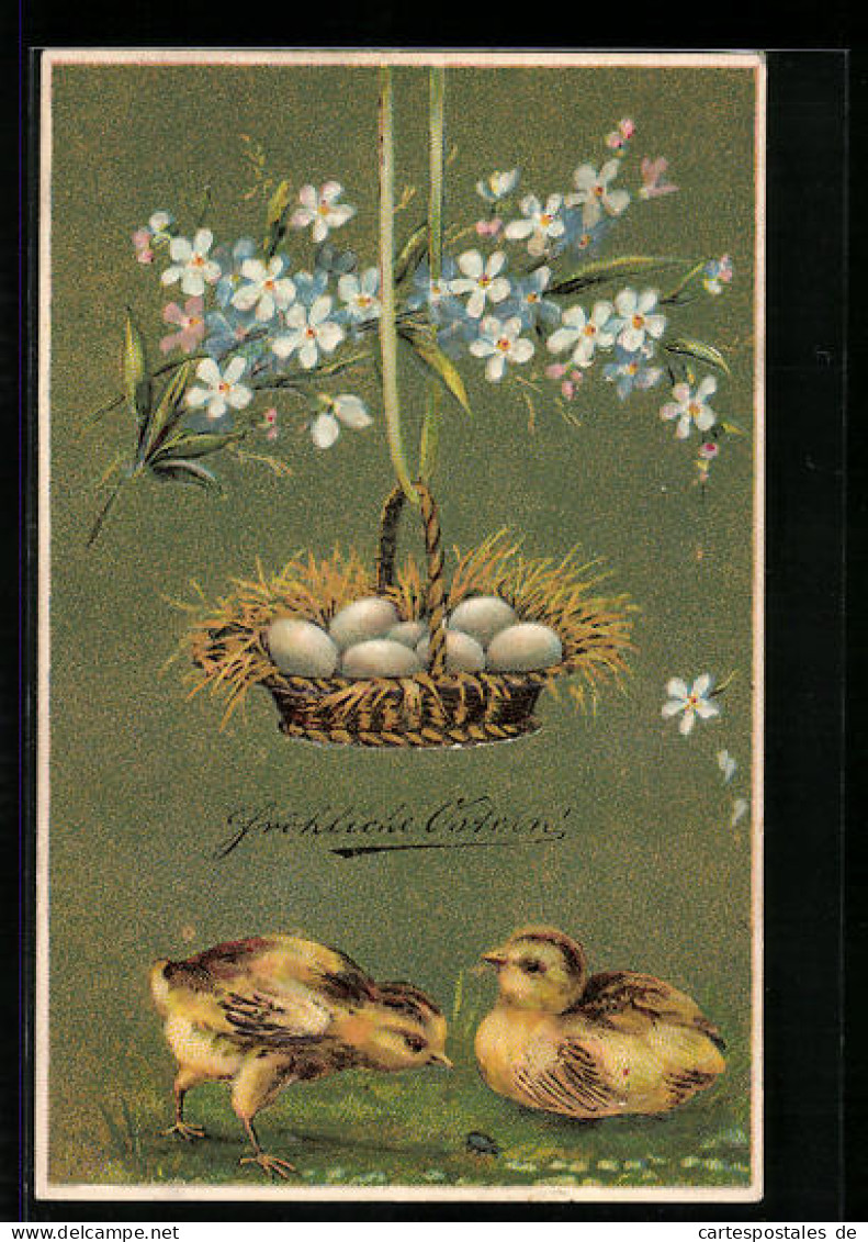 AK Osterküken Mit Blumen Und Korb Voller Ostereiern  - Ostern