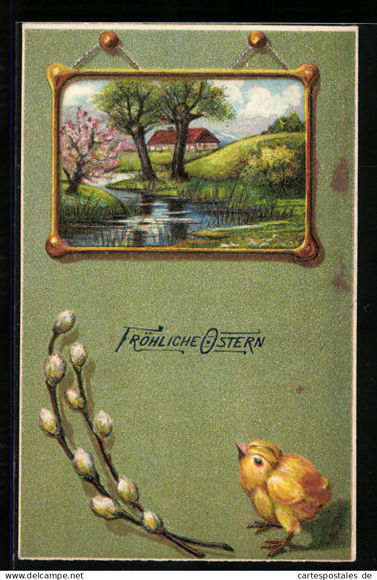 AK Osterküken, Bild Einer Idyllischen Landschaft  - Ostern