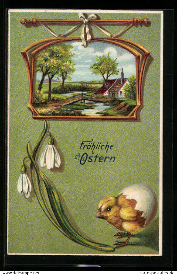 AK Osterküken Schlüpft Aus Dem Ei, Bild Einer Idyllischen Landschaft  - Pascua