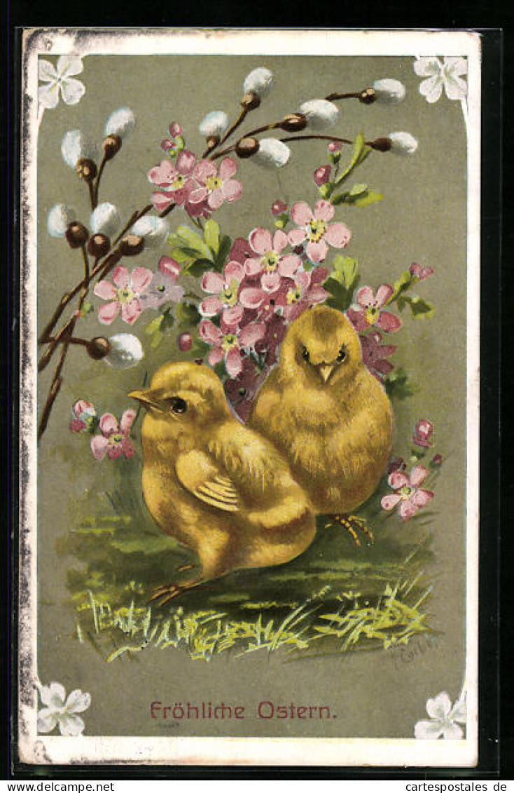 AK Osterküken Mit Blüten Und Palmkätzchenzweigen  - Easter