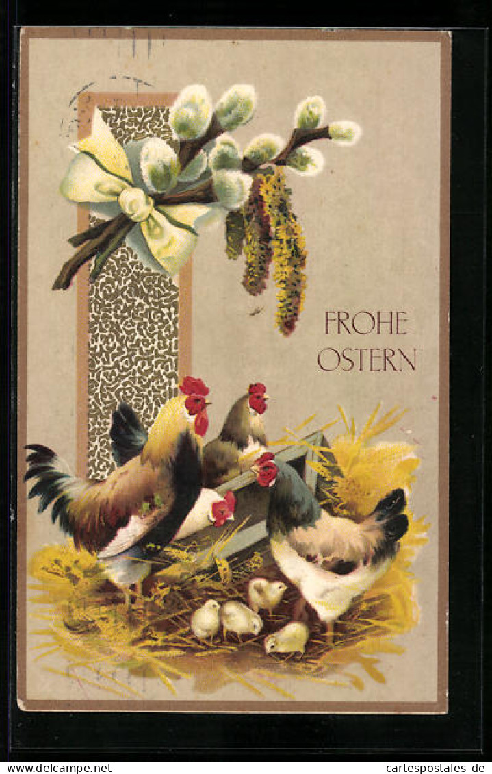 AK Frohe Ostern, Hühner Und Osterküken Am Futtertrog Im Stroh  - Pâques