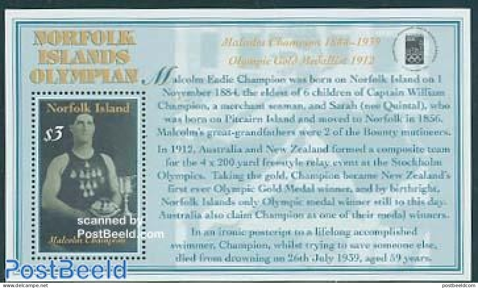 Norfolk Island 2000 Olymphilex S/s, Mint NH, Sport - Olympic Games - Swimming - Philately - Nuoto