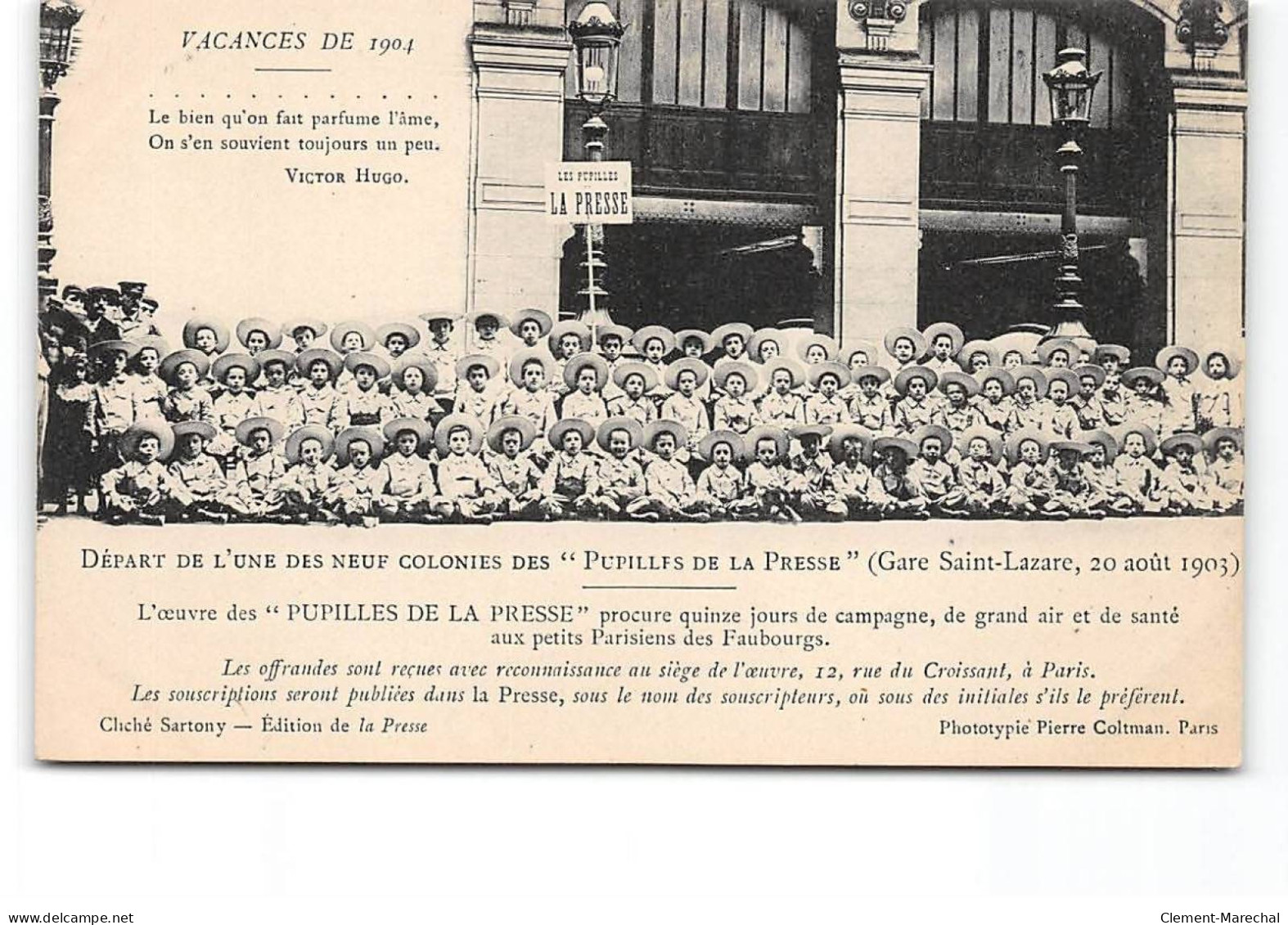 PARIS - Gare Saint Lazare - Vacances De 1904 - Départ De L'une Des Colonies Des Pupilles De La Presse  - Très Bon état - Stations, Underground