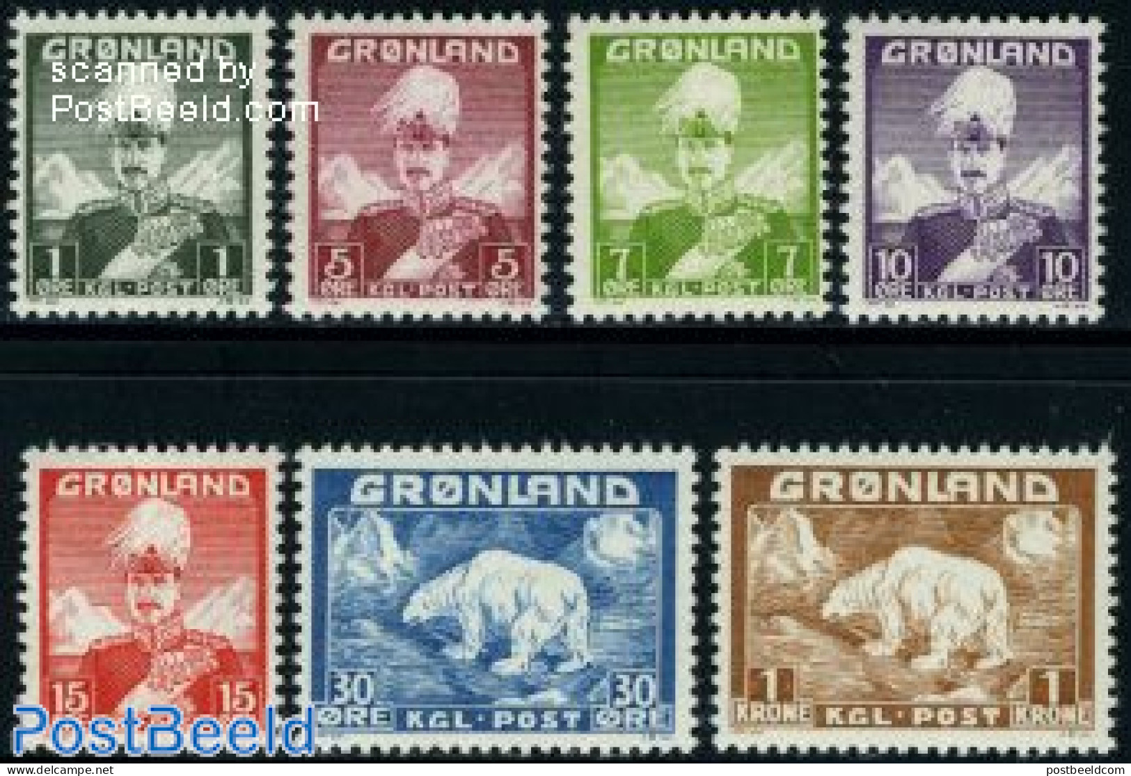 Greenland 1938 Definitives 7v, Mint NH, History - Nature - Kings & Queens (Royalty) - Animals (others & Mixed) - Bears.. - Unused Stamps