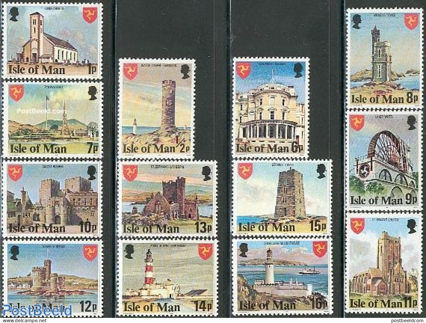 Isle Of Man 1978 Definitives 13v, Mint NH, Religion - Various - Churches, Temples, Mosques, Synagogues - Lighthouses &.. - Iglesias Y Catedrales