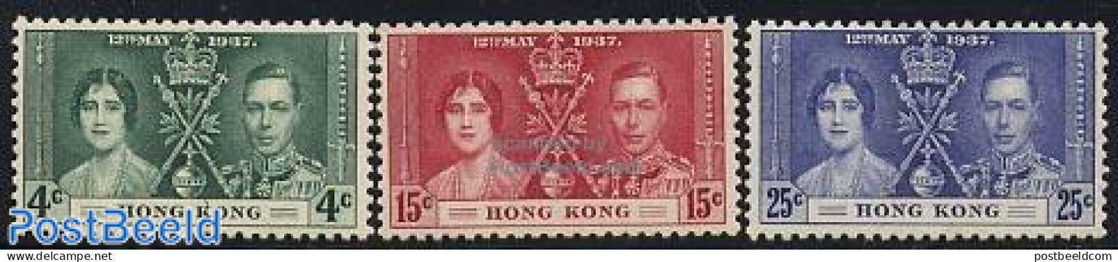 Hong Kong 1937 Coronation 3v, Unused (hinged), History - Kings & Queens (Royalty) - Ongebruikt