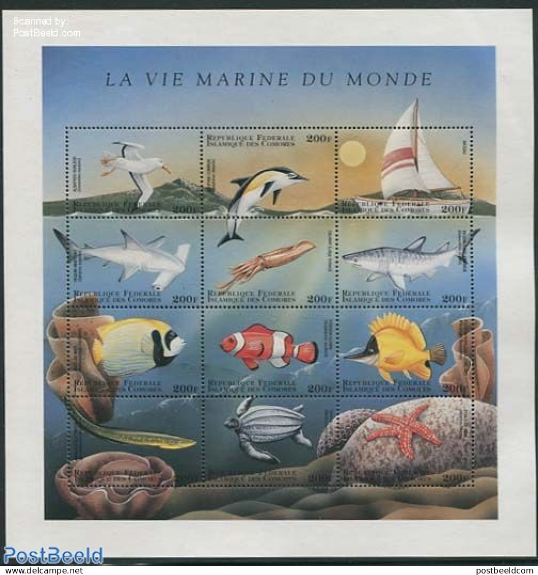 Comoros 1998 Marine Life 12v M/s, Mint NH, Nature - Transport - Fish - Sea Mammals - Turtles - Ships And Boats - Fische