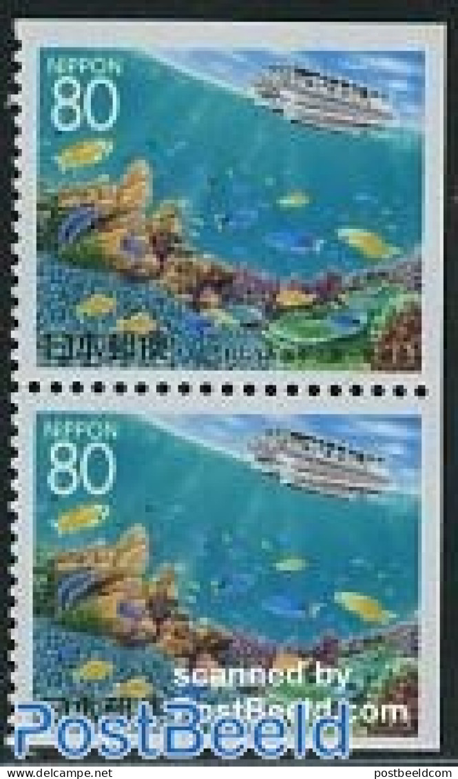 Japan 1996 Ehime Booklet Bottom Pair, Mint NH, Nature - Transport - Fish - Ships And Boats - Nuovi