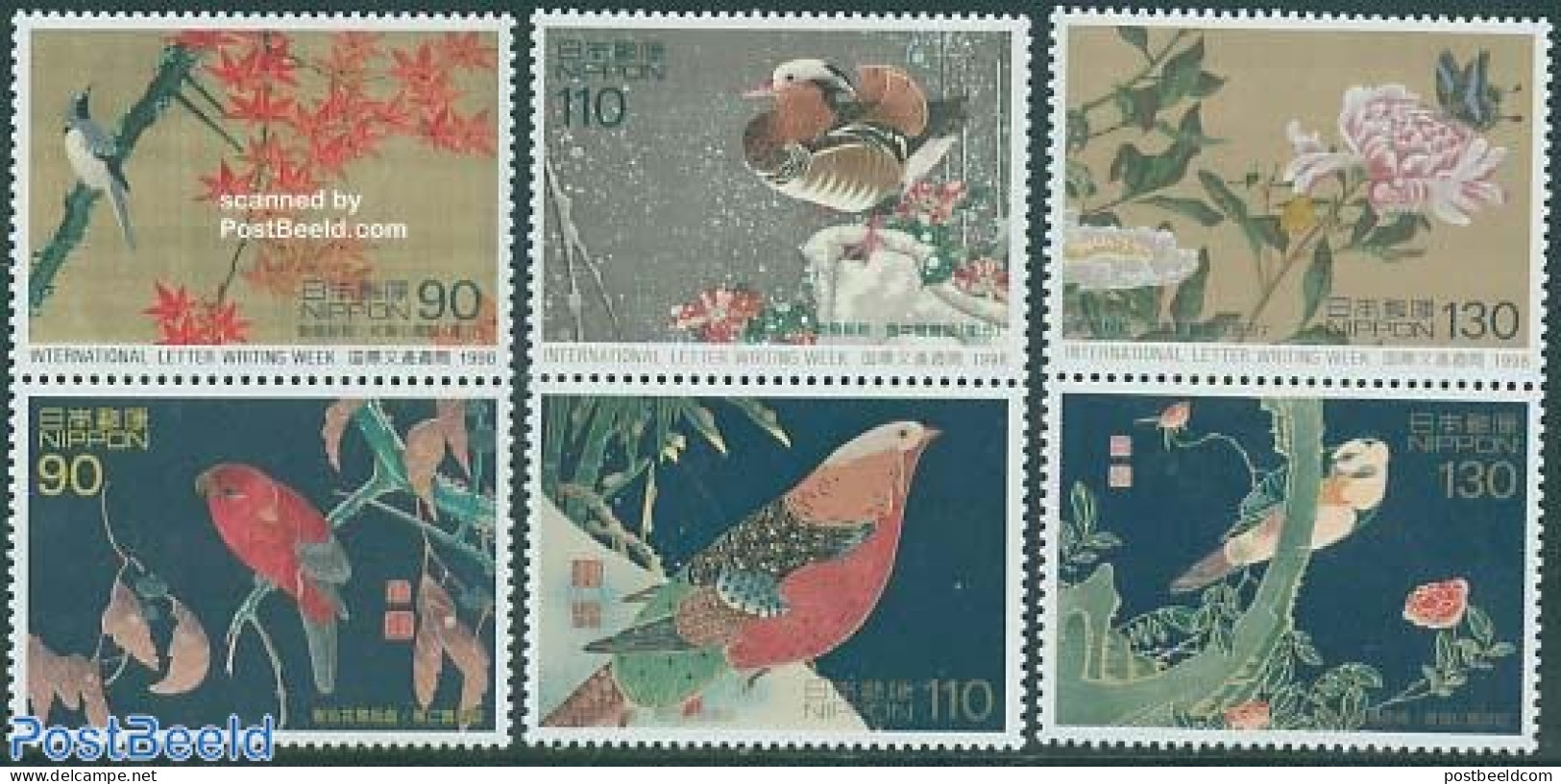 Japan 1998 Int. Letter Week 3x2v [:], Mint NH, Nature - Birds - Ducks - Flowers & Plants - Art - Paintings - Nuovi