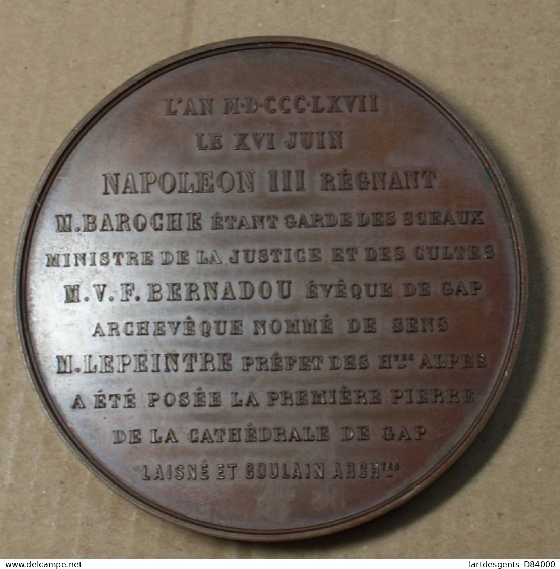 Médaille Napoléon III Pose De La 1° Pierre De La Cathédrale De Gap 1867, Lartdesgents.fr - Adel