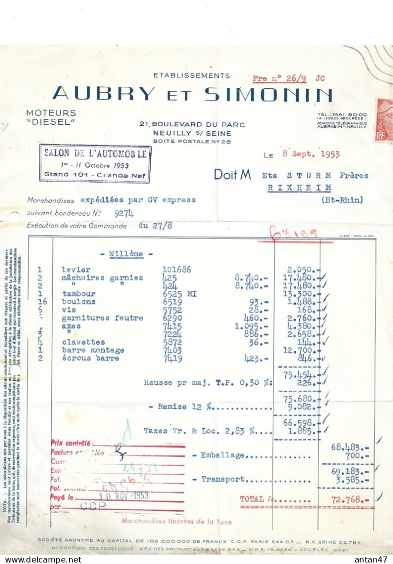 Facture 1953 / 92 NEUILLY / AUBRY & SIMONIN / Moteurs Diesel / Tampon "Salon De L'Automobile 1953" / Sturm RIXHEIM - 1950 - ...