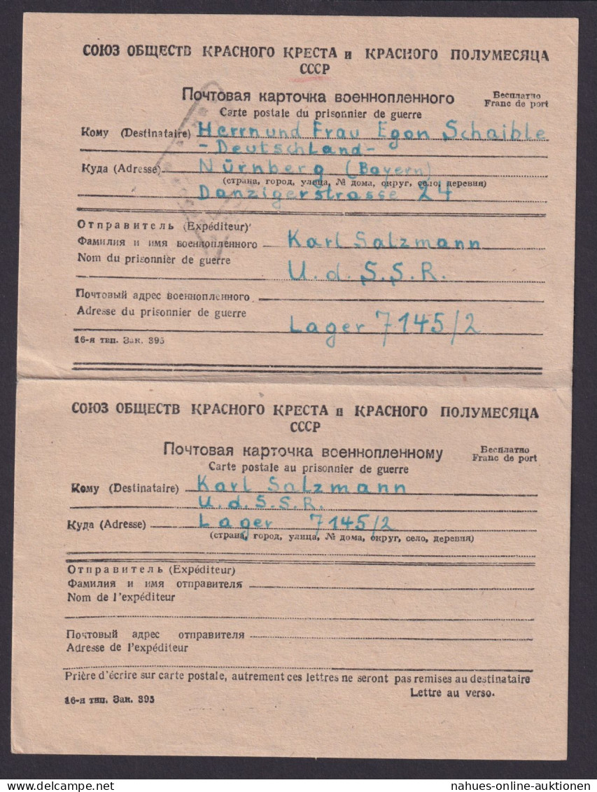 Kriegsgefangenenpost Ab UDSSR Lager 7145/2 N. Nürnberg Bayern - Other & Unclassified