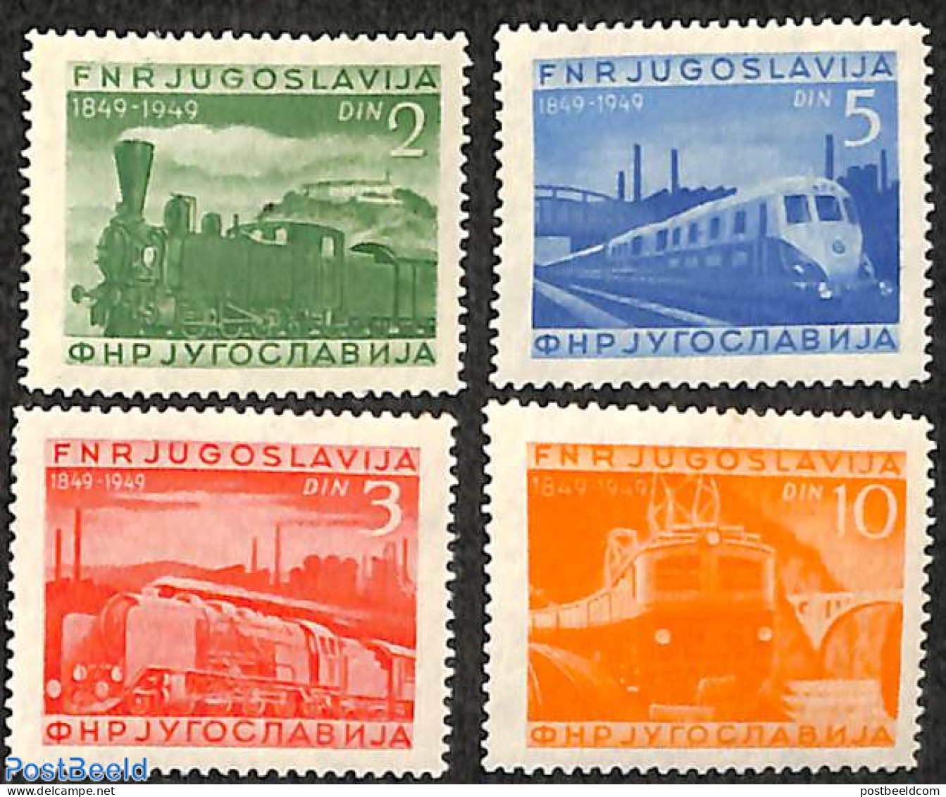 Yugoslavia 1949 Railways Centenary 4v, Mint NH, Transport - Railways - Unused Stamps