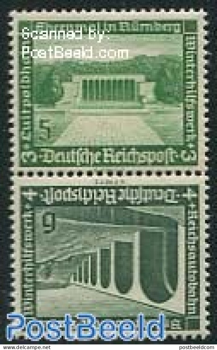 Germany, Empire 1936 5Pf+6Pf, Verical Tete-beche Pair, Unused (hinged), Art - Bridges And Tunnels - Ungebraucht