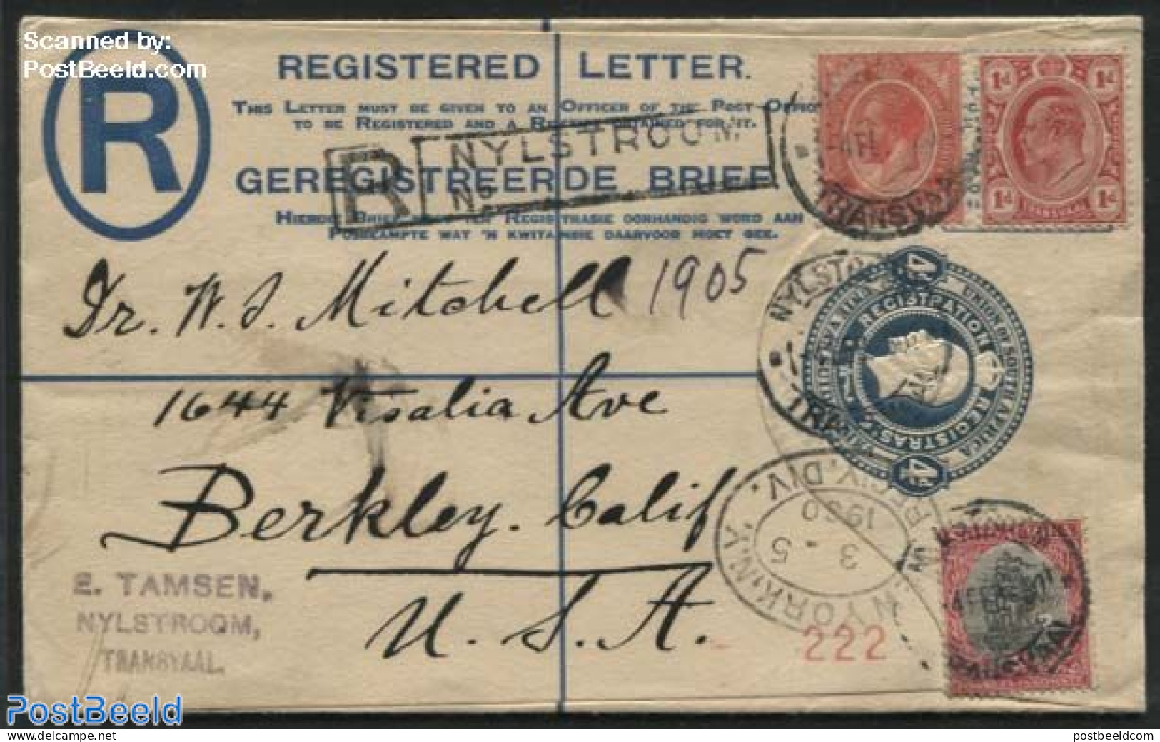 South Africa 1930 Registered Envelope 4d Blue, Uprated, R Nijlstroom, Sent To USA, Used Postal Stationary - Briefe U. Dokumente