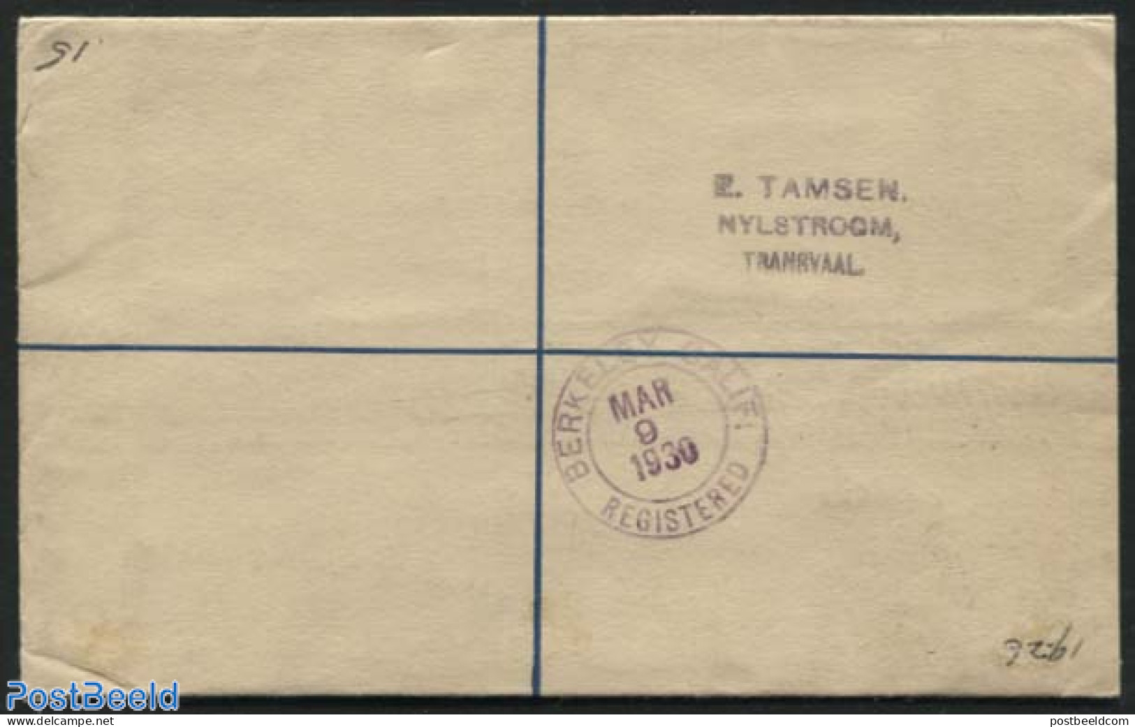 South Africa 1930 Registered Envelope 4d Blue, Uprated, R Nijlstroom, Sent To USA, Used Postal Stationary - Brieven En Documenten