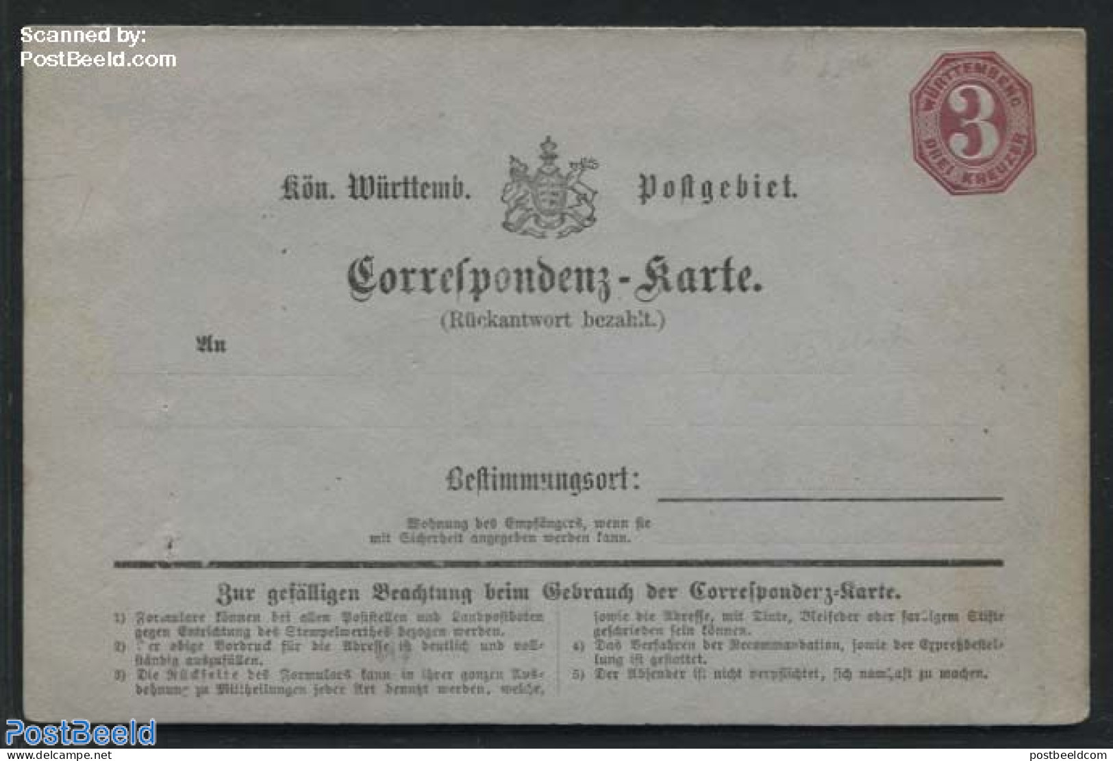 Germany, Wurtemberg 1871 Reply Paid Postcard 3/3Kr, Unused Postal Stationary - Altri & Non Classificati