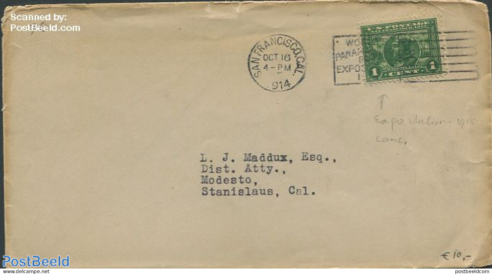 United States Of America 1914 Envelope To Stanislaus,Cal., Postal History - Storia Postale