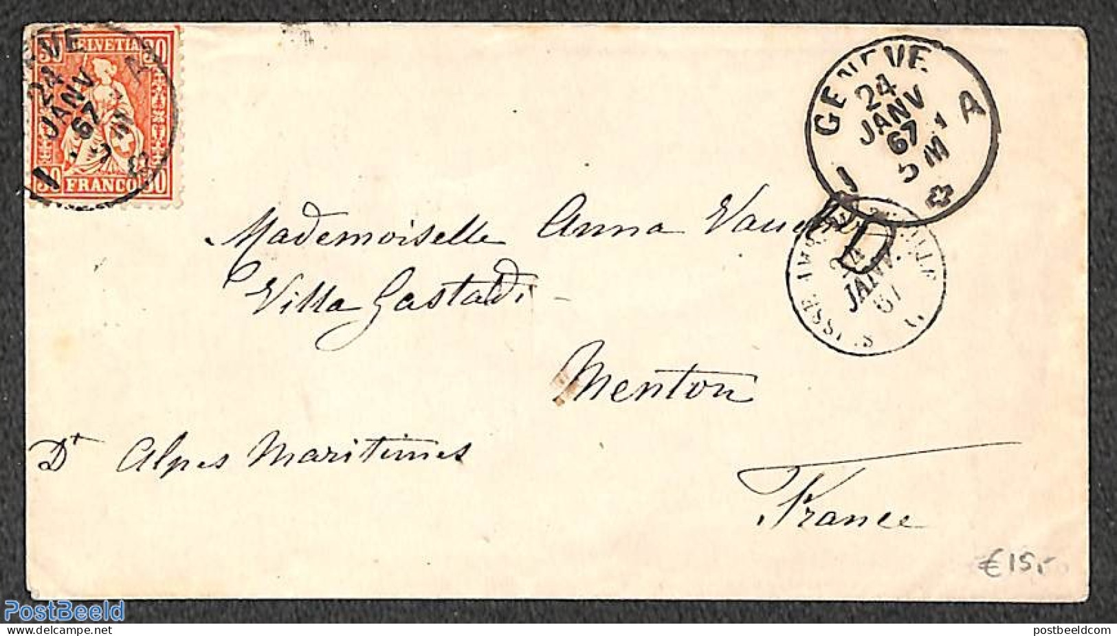 Switzerland 1867 Small Envelope From Geneve, Postal History - Brieven En Documenten