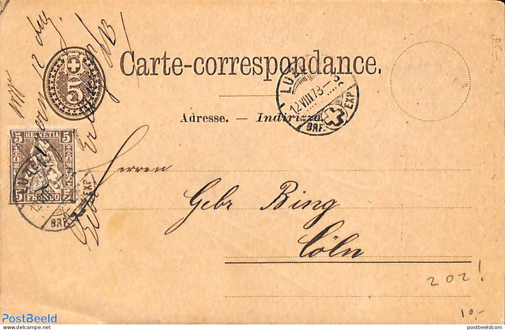 Switzerland 1878 Postcard From Luzern To Cologne, Postal History - Storia Postale