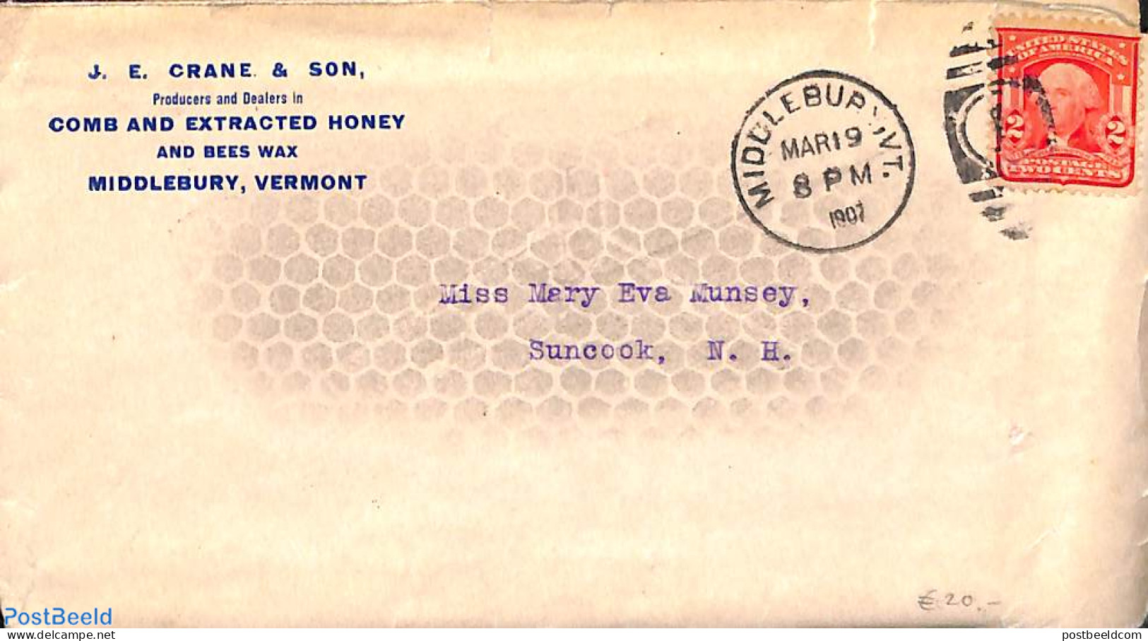 United States Of America 1907 Loveletter From Middlebury, Vermont To Suncook, NH, Postal History, Nature - Bees - Covers & Documents