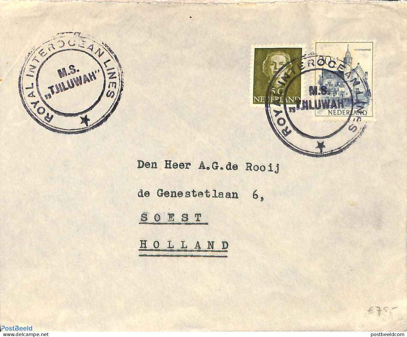 Ship Mail 1951 From M.S. TJILUWAH, ROYAL INTEROCEAN LINES To Soest, Postal History - Other & Unclassified