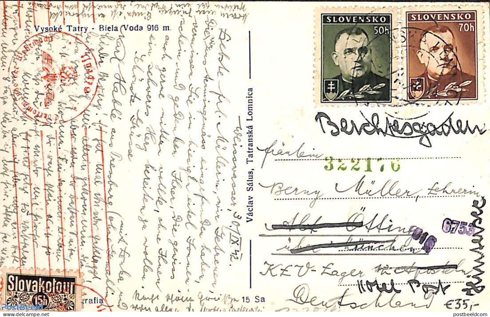 Slovakia 1942 Postcard From Tatranska Lomnica To Munich, Forwarded To Berchtesgaden, Postal History - Covers & Documents