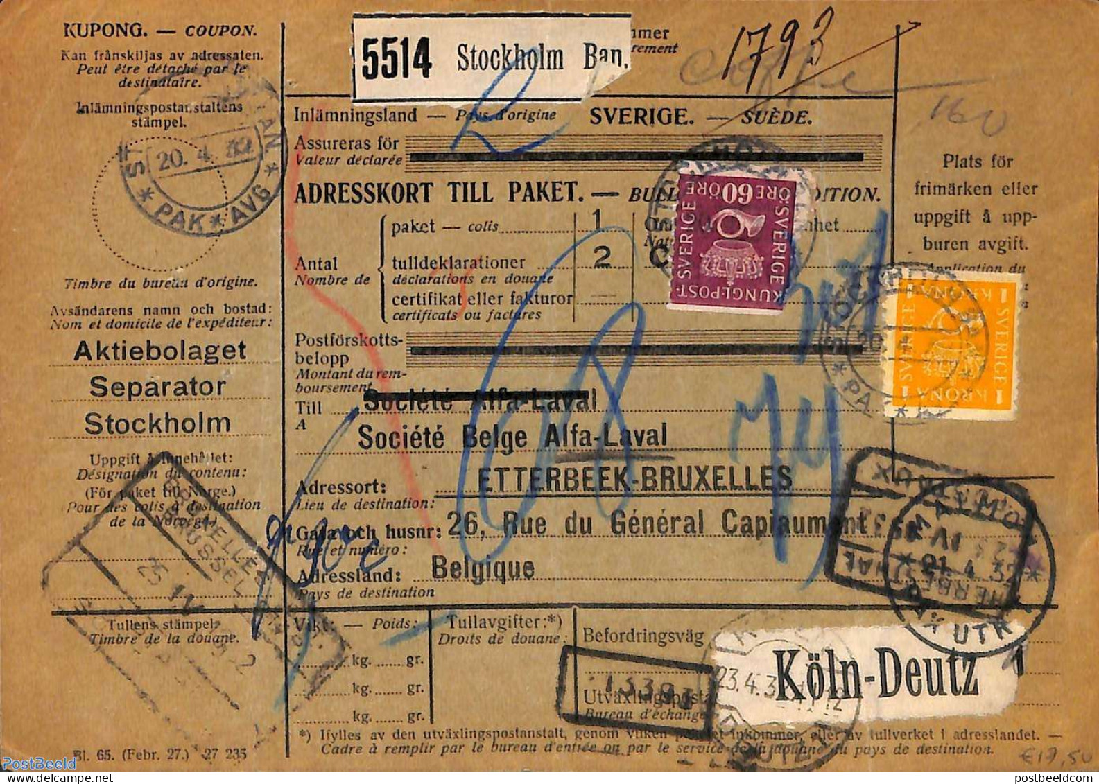 Sweden 1932 Parcel Card From Stockholm To Brussels, Postal History - Storia Postale