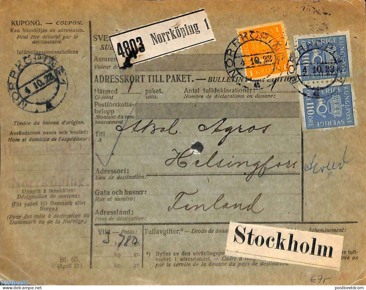 Sweden 1923 Parcel Card From NorKöping To Helsingfors, Postal History - Storia Postale