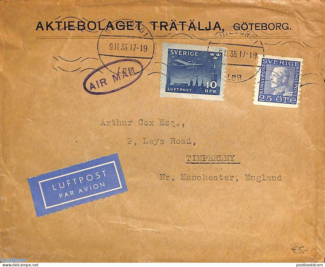 Sweden 1935 Airmail Letter From Göteborg To Timperley, Postal History - Covers & Documents