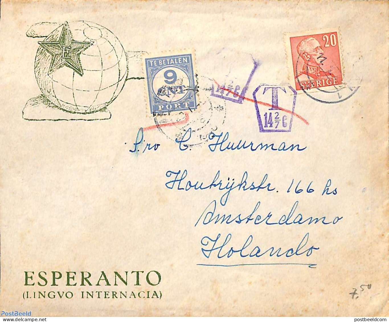 Sweden 1946 Letter To Amsterdam, Dutch Postage Due 9c., Postal History, Science - Esperanto And Languages - Storia Postale