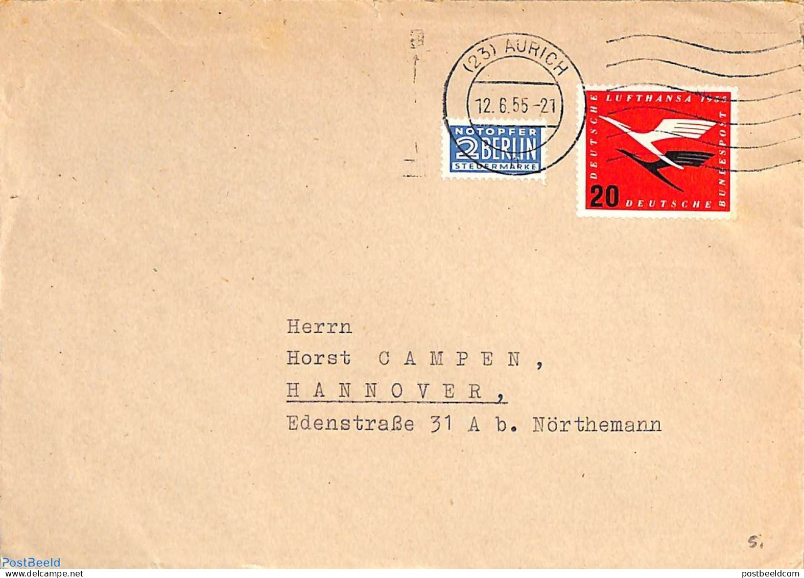 Germany, Federal Republic 1955 Letter  From Aurich To Hannover, Berlin Notopfer, Postal History - Lettres & Documents