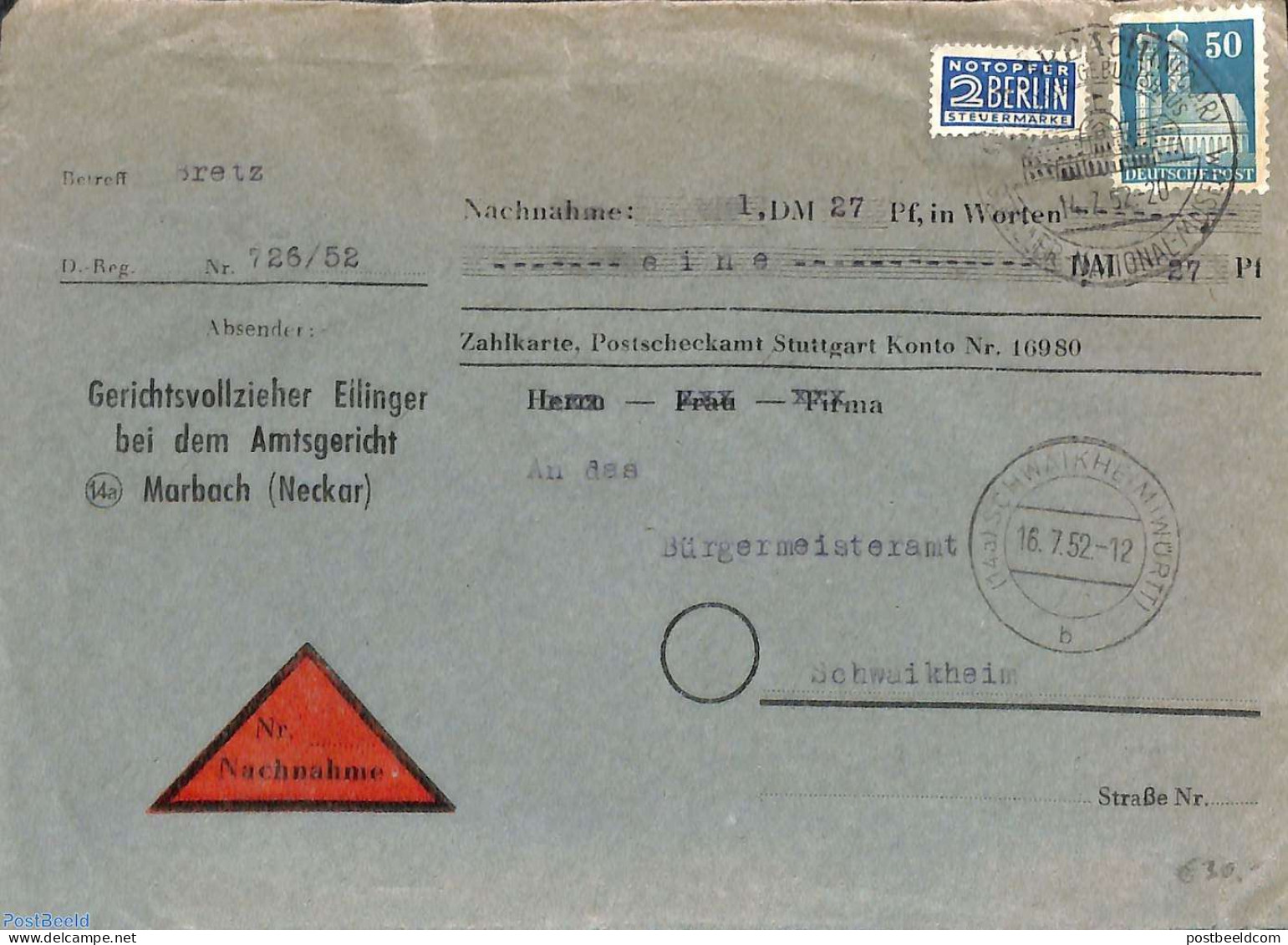 Germany, Federal Republic 1952 Cash On Delivery Letter With Notopfer Berlin Steuermarke, Postal History - Sonstige & Ohne Zuordnung