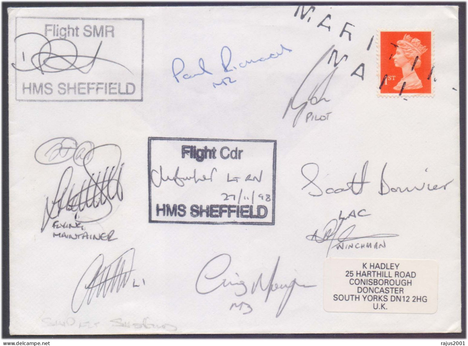 HMS SHEFFIELD Maritime Sea Mail, SIGNED BY FLIGHT SMR, FLIGHT CDR FLYING AIR MAINTENANCE, PILOT And CREW MEMBERS Cover - Schiffahrt