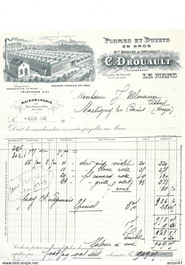 2 Factures Illustrées (usine) 1919-20 / 72 LE MANS / 75017 PARIS / Plumes & Duvets DROUAULT NICOLAS - 1900 – 1949