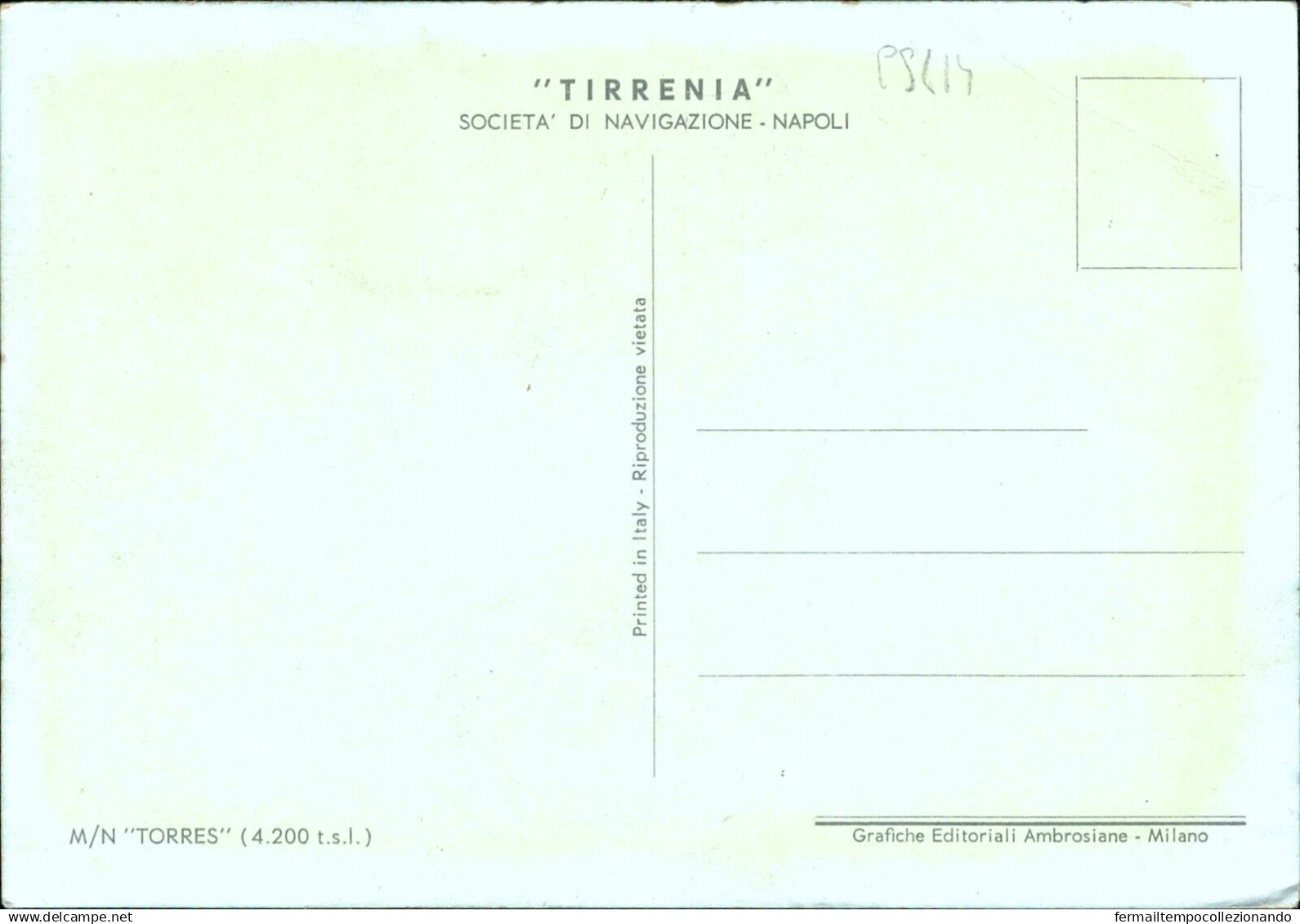 Cs614 Cartolina  Tirrenia Societa' Di Navigazione Napoli  Motonave Torres - Andere & Zonder Classificatie