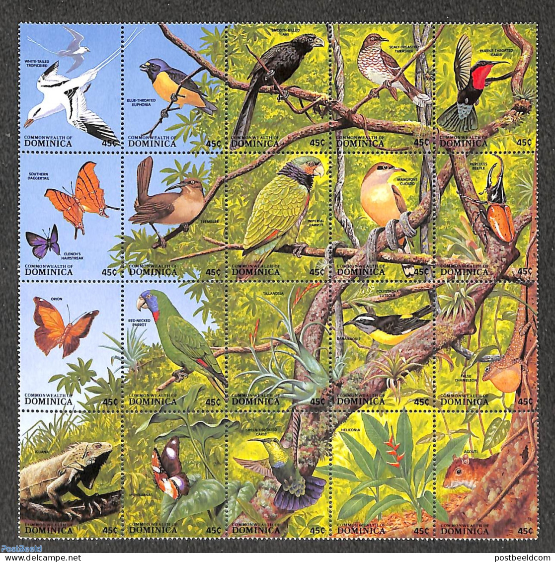 Dominica 1988 Tropical Rain Forest 20v, Mint NH, Nature - Birds - Butterflies - Parrots - Reptiles - Dominicaanse Republiek