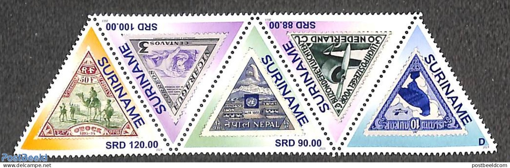 Suriname, Republic 2023 Triangle Stamps 5v, Mint NH, Nature - Transport - Birds - Camels - Stamps On Stamps - Aircraft.. - Postzegels Op Postzegels