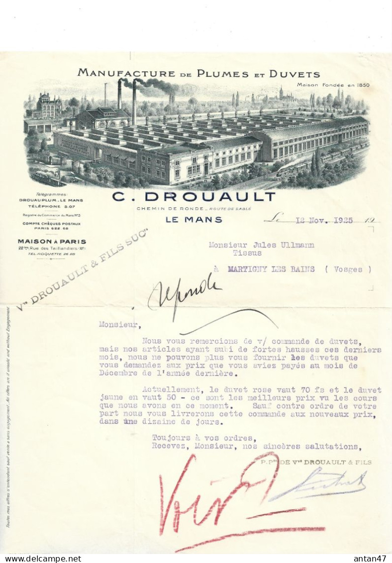 Courrier Illustré (usine) 1925 / 72 LE MANS / 75011 PARIS / Plumes & Duvets DROUAULT / Hausse Prix Duvet - 1900 – 1949