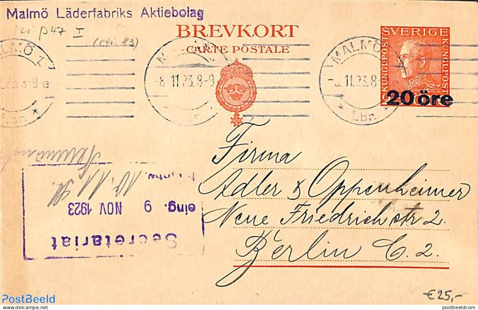 Sweden 1923 Postcard 20 öre Overprint, Used Postal Stationary - Brieven En Documenten