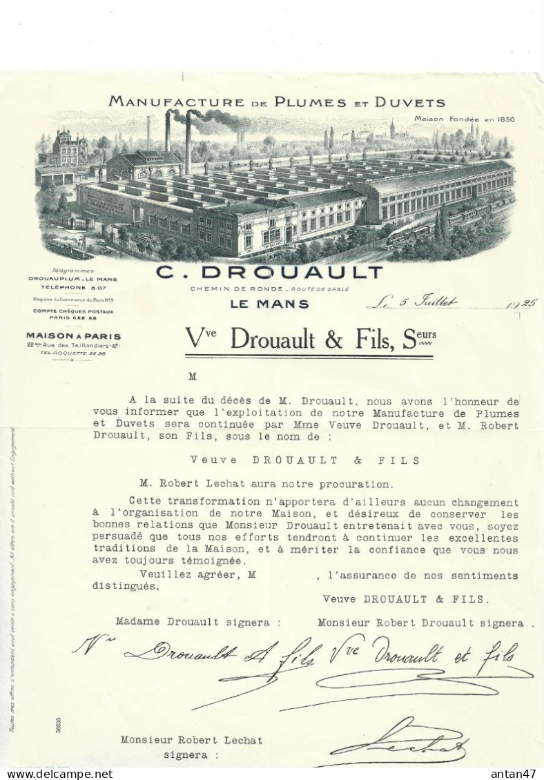 Courrier Illustré (usine) 1925 / 72 LE MANS / 75011 PARIS / Plumes & Duvets / Décès  C.DROUAULT-> Veuve DROUAULT &Fils - 1900 – 1949