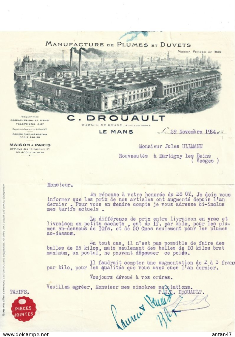 Courrier Illustré (usine) 1924 / 72 LE MANS / 75011 PARIS / Plumes & Duvets /  C.DROUAULT / Augmentation Prix Plumes - 1900 – 1949