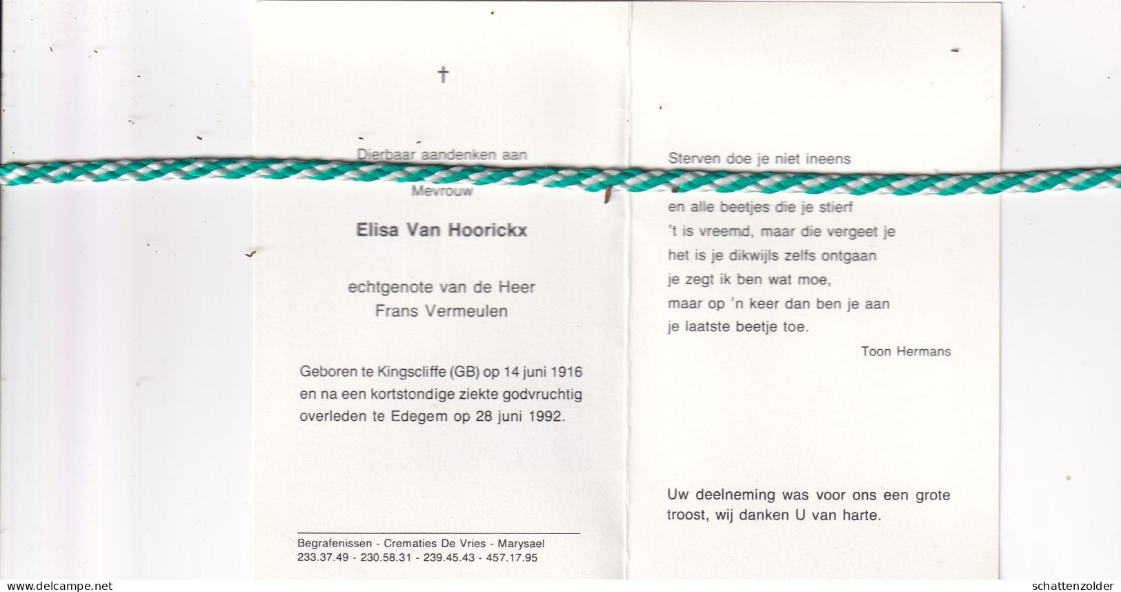 Elisa Van Hoorickx-Vermeulen, Kingscliffe (GB) 1916, Edegem 1992 - Obituary Notices