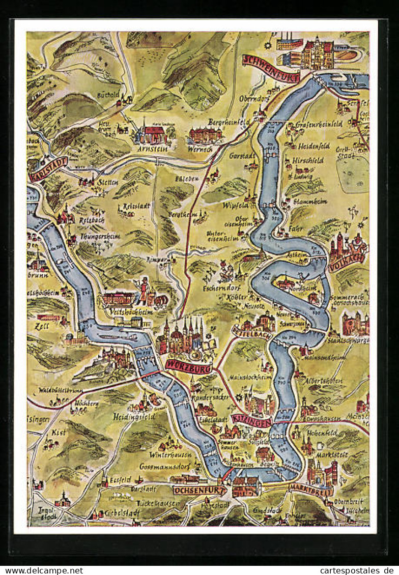 AK Würzburg, Landkarte Mainlauf Von Schweinfurt Bis Karlstadt  - Würzburg